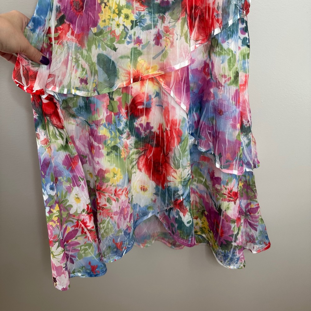 Komarov Floral Dress Watercolor Crinkle‎ Print Sleeveless Tiered Midi Women's S - Picture 4 of 10